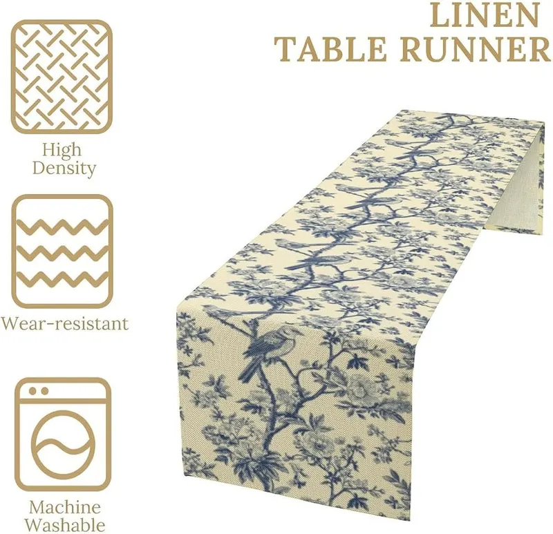UEQIKI Blue Birds Flowers Table Runner – product photo 4 of 7