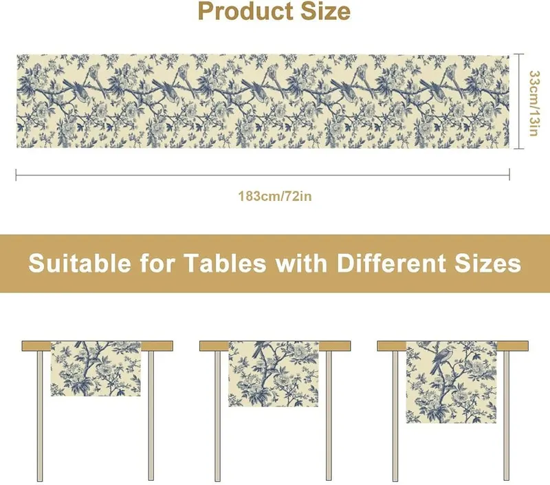 UEQIKI Blue Birds Flowers Table Runner – product photo 5 of 7