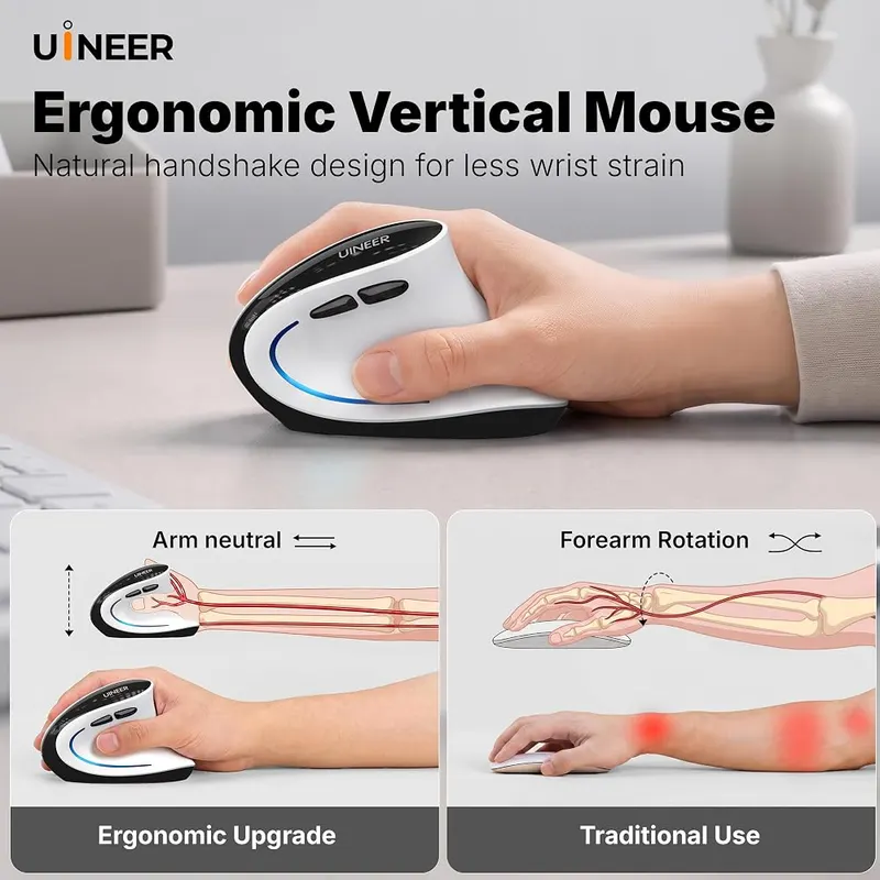 Uineer Ergonomic Wireless Vertical Mouse – Bluetooth plus 2.4G USB receiver