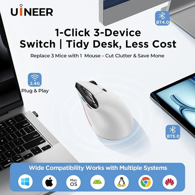 Uineer Ergonomic Wireless Vertical Mouse – Switch between three devices