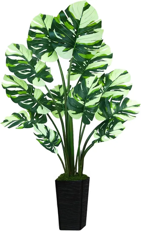 UPBUD Artificial Monstera Plant in 5.3ft Artificial Monstera White Leaves Black Planter