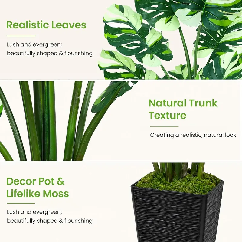 UPBUD Artificial Monstera Plant – 12 white-green textured leaves