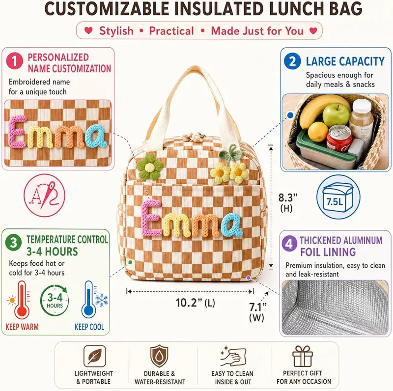 VBAIFAyy Personalized Corduroy Lunch Bag – Thermal insulation for temperature retention