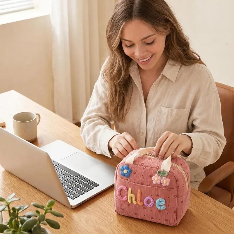 VBAIFAyy Personalized Corduroy Lunch Bag – Wipe clean inner lining for easy maintenance