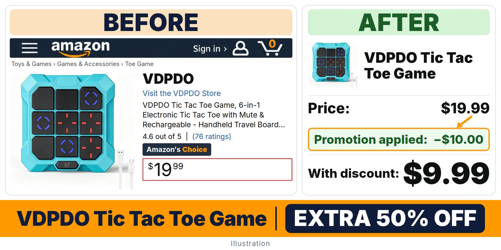 VDPDO Tic Tac Toe Game deal: before and after – promo code 3BHI4OQT, 50% off on Amazon