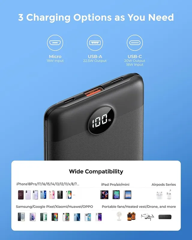 VEEKTOMX 10000mAh Mini Power Bank – Durable ABS outer shell