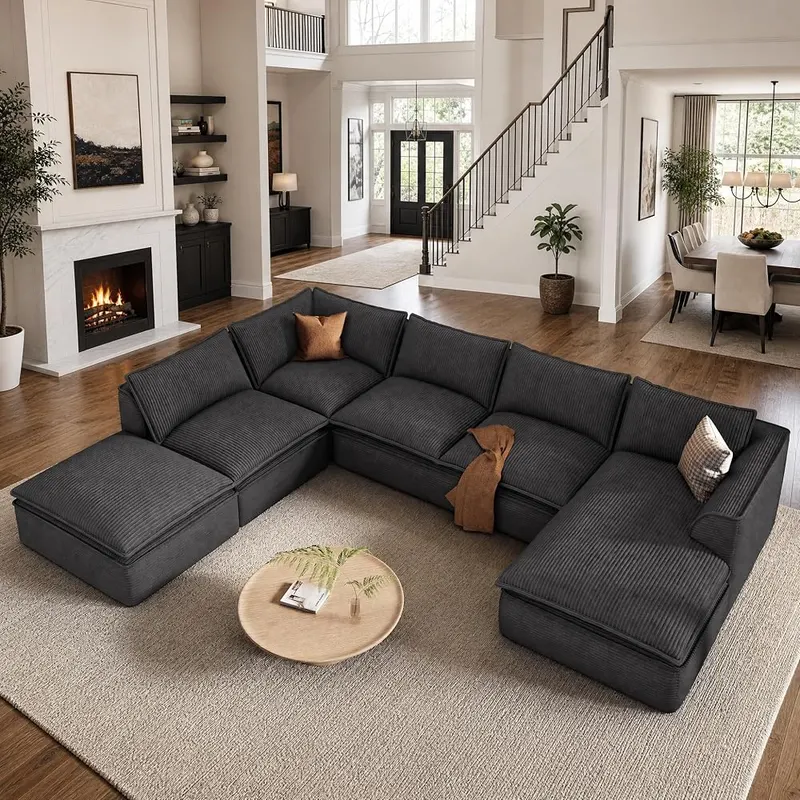 Vesgantti 142″ Boneless Sectional Modular Couch in Pinstripe Corduroy-black