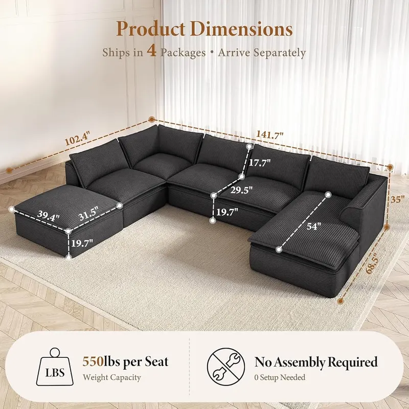Vesgantti 142″ Boneless Sectional Modular Couch – Boneless modular sectional sofa