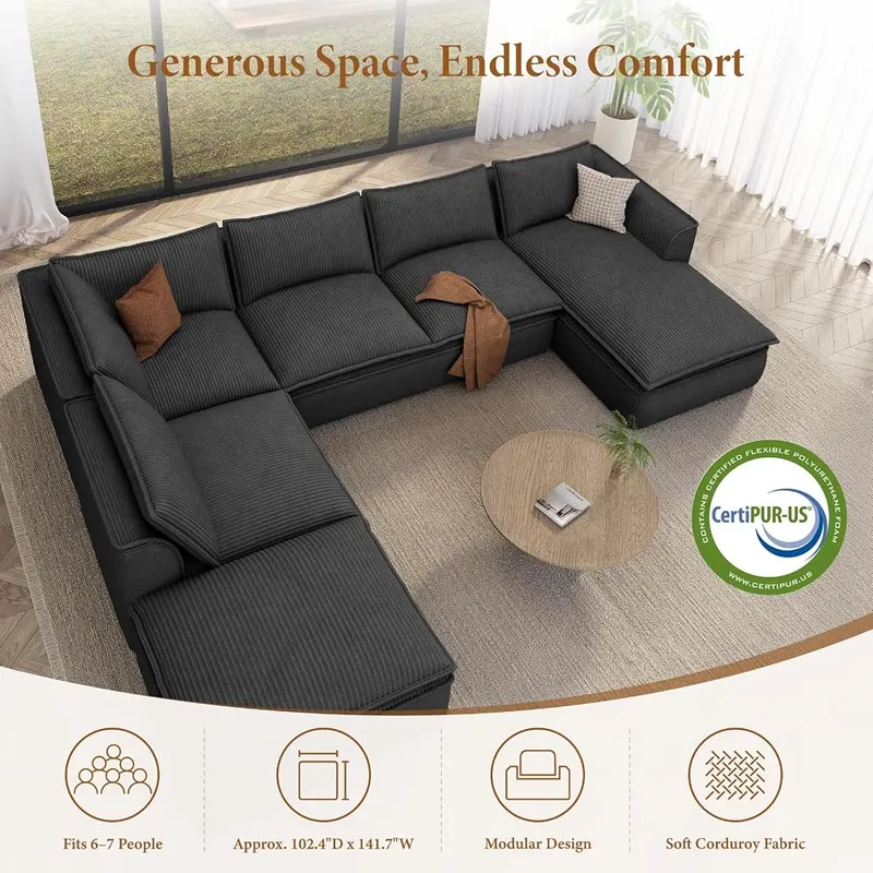 Vesgantti 142″ Boneless Sectional Modular Couch – Seven seater U-shape layout