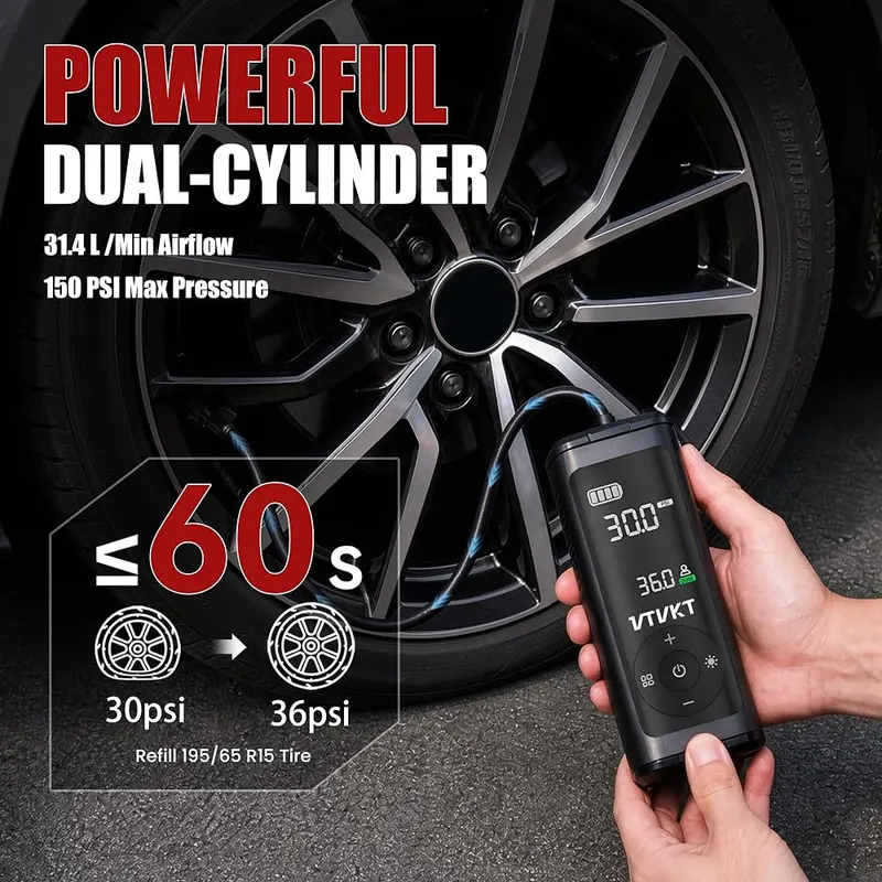 VTVKT Tire Inflator Portable Air Compressor 150PSI – 5.5 inch HD digital gauge