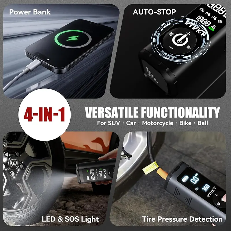 VTVKT Tire Inflator Portable Air Compressor 150PSI – Doubles as a power bank