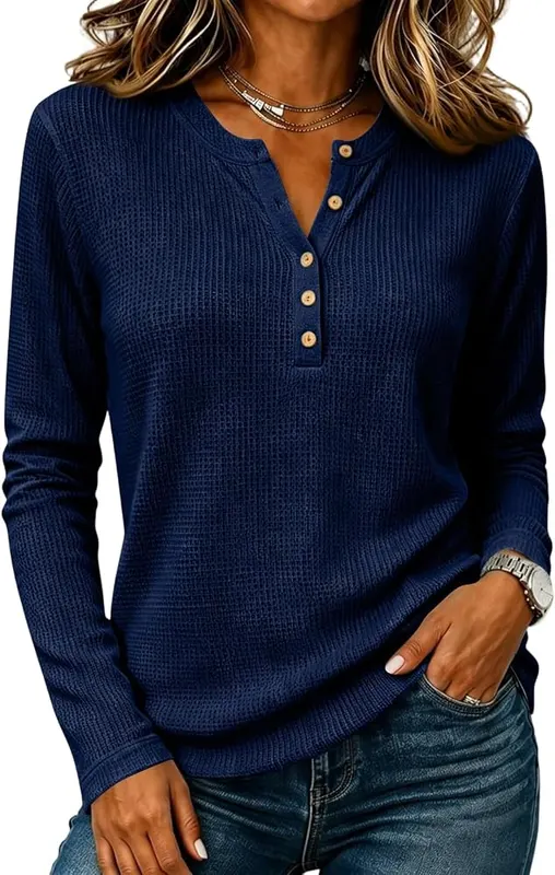 Generic Waffle Knit Long Sleeve Shirts A010-navy in A010-navy