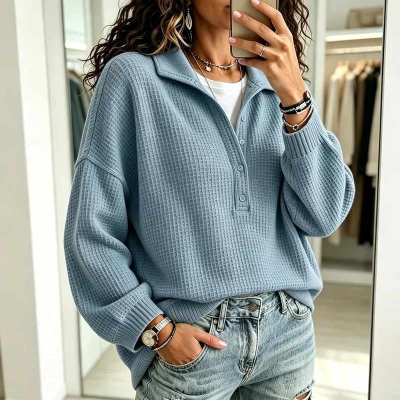 Generic Waffle Knit Tops A004-blue X-Large – product photo 2 of 3