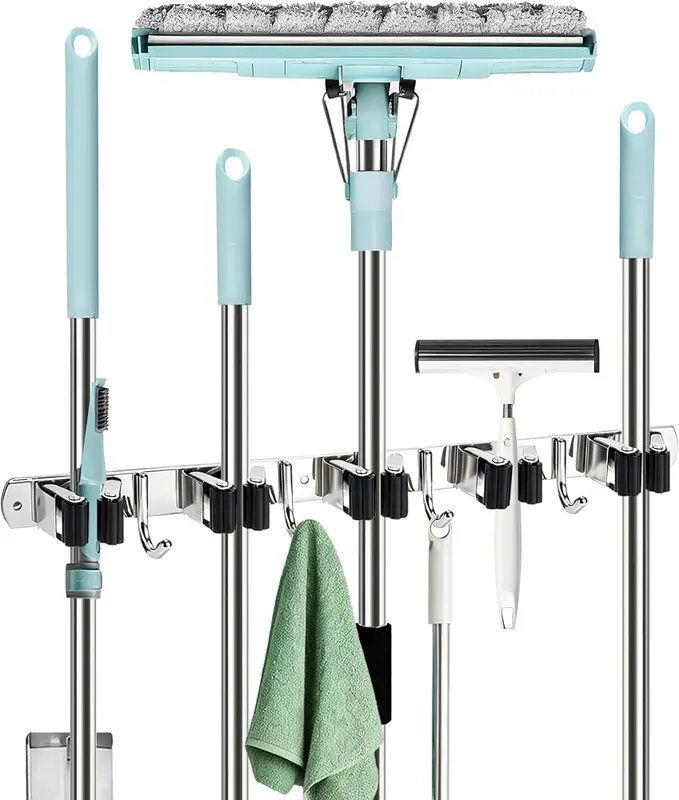 warlve Mop and Broom Holder Wall Mount in 5 Racks & 4 Hooks (silver)