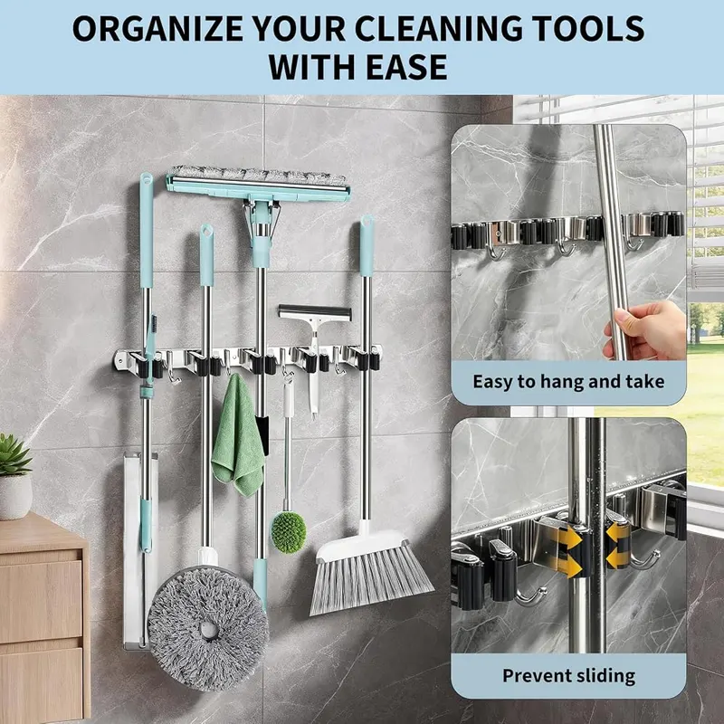 warlve Mop and Broom Holder Wall Mount – Five spring loaded handle grips