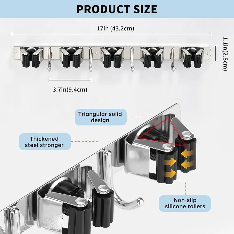 warlve Mop and Broom Holder Wall Mount – Four versatile utility hanging hooks