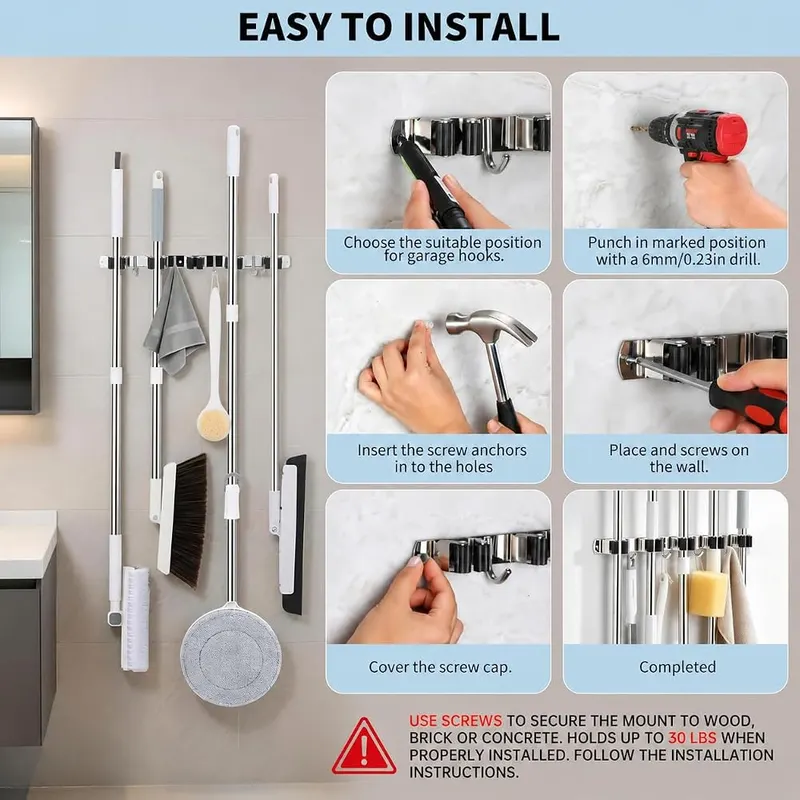 warlve Mop and Broom Holder Wall Mount – Adjustable non slip rubber contact