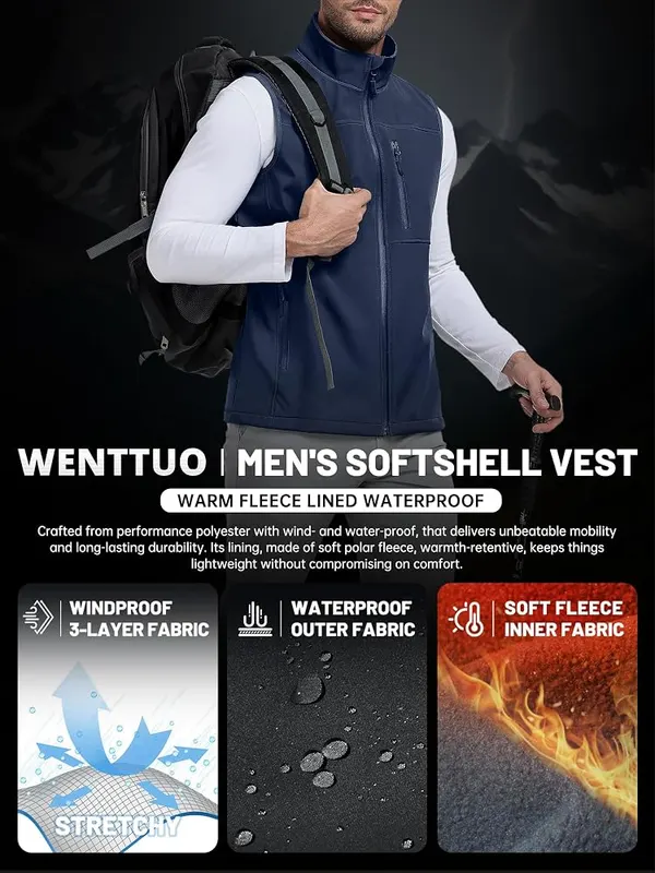WENTTUO Mens Waterproof Softshell Vest – Waterproof windproof softshell vest
