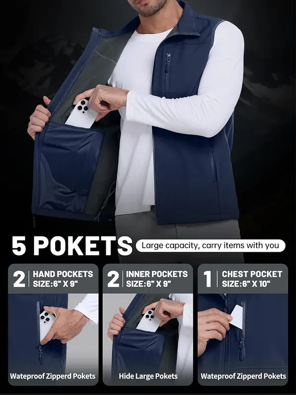 WENTTUO Mens Waterproof Softshell Vest – Five functional zip pockets
