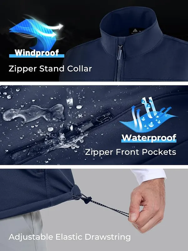 WENTTUO Mens Waterproof Softshell Vest – Stand-up collar with wind shield