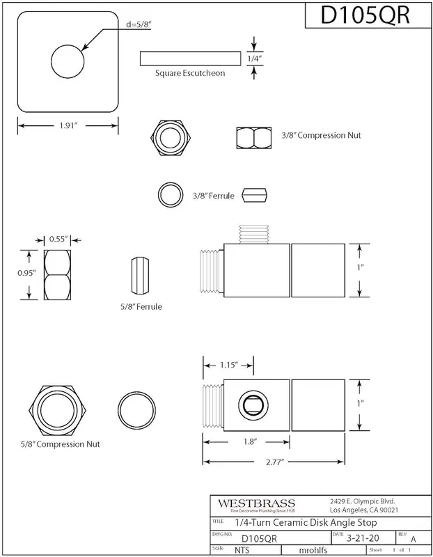 Westbrass D105QS-12 Square Handle 1/4-Turn Angle Stop – Precision 1/4-Turn Angle Stop