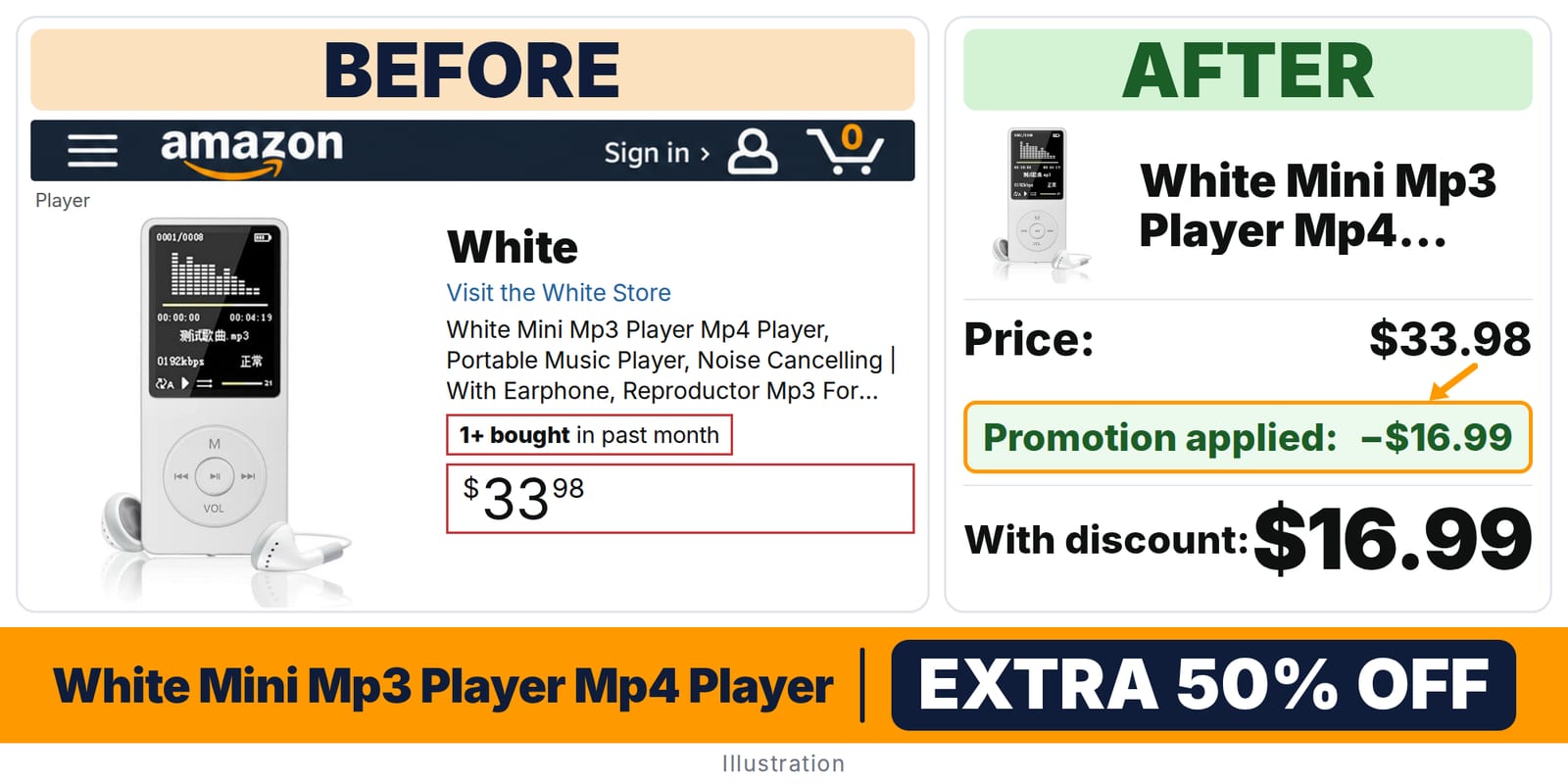 White Mini Mp3 Player Mp4 Player deal: before and after – promo code 8Z8QKRNM, 50% off on Amazon