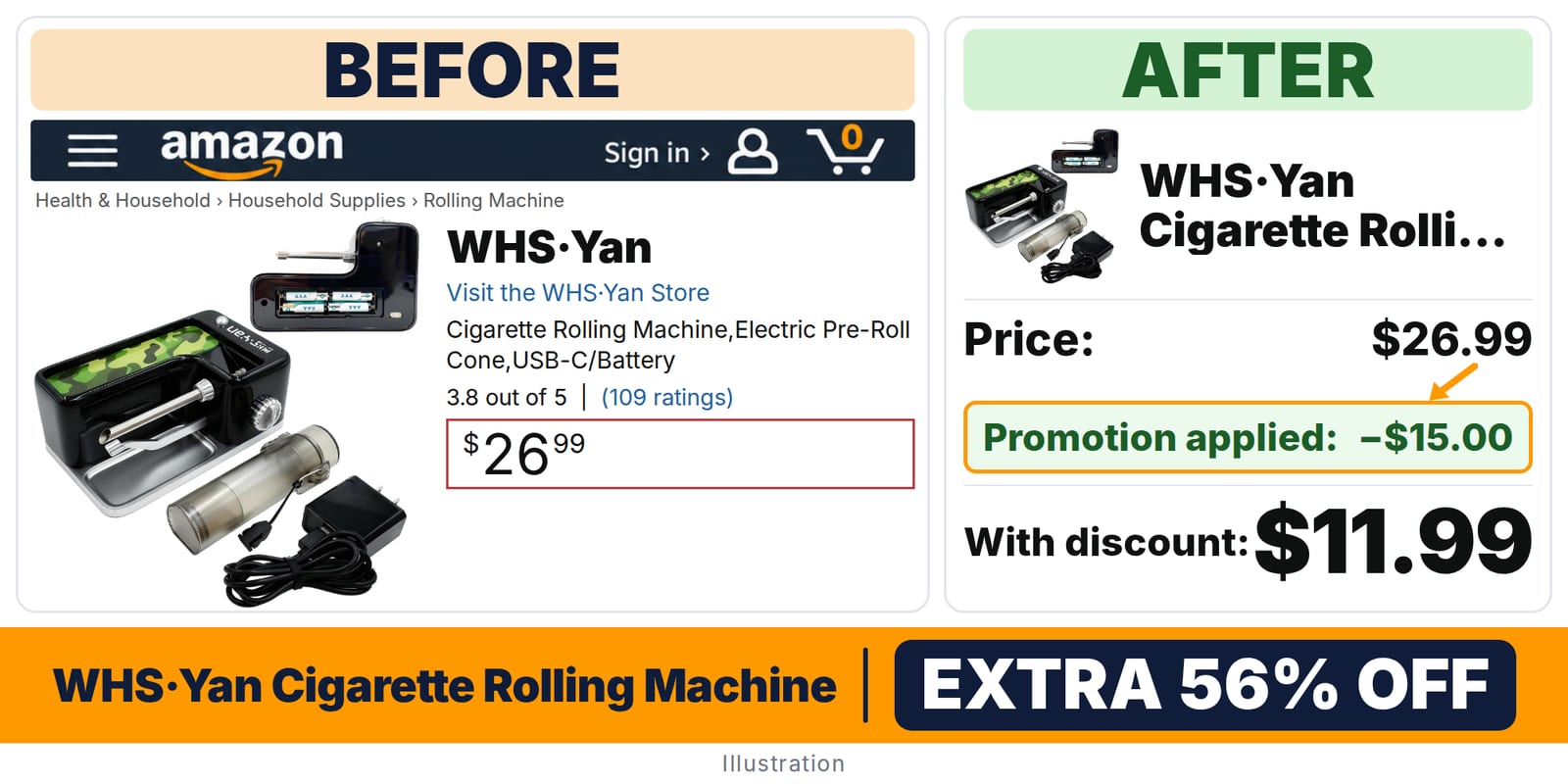 WHS·Yan Cigarette Rolling Machine deal: before and after – promo code 8UXTEDP9, 56% off on Amazon