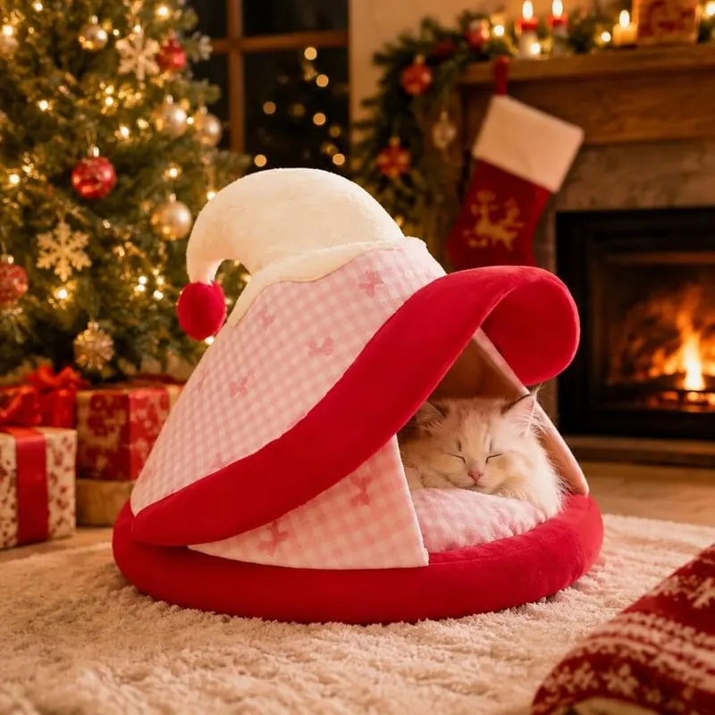 Winter Witch Hat Shaped Small Pet Beds in red
