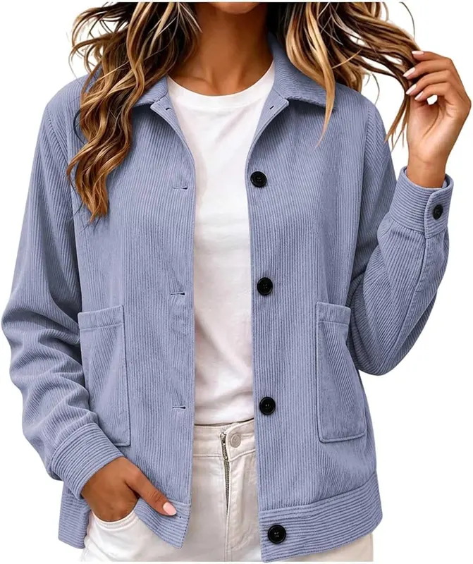 Generic Women’s Corduroy Jacket Collared Casual Cropped Y2K in A006-light Purple