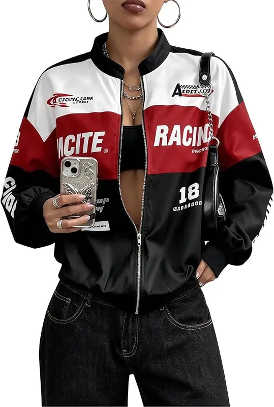 Generic Womens Bomber Jacket Race Car Color in A002-black
