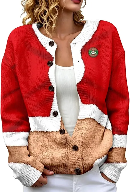 Womens Christmas Sweater Cute Snowflake Print Button