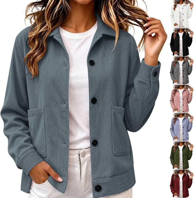 Womens Corduroy Jacket Collared Cropped Button Casual