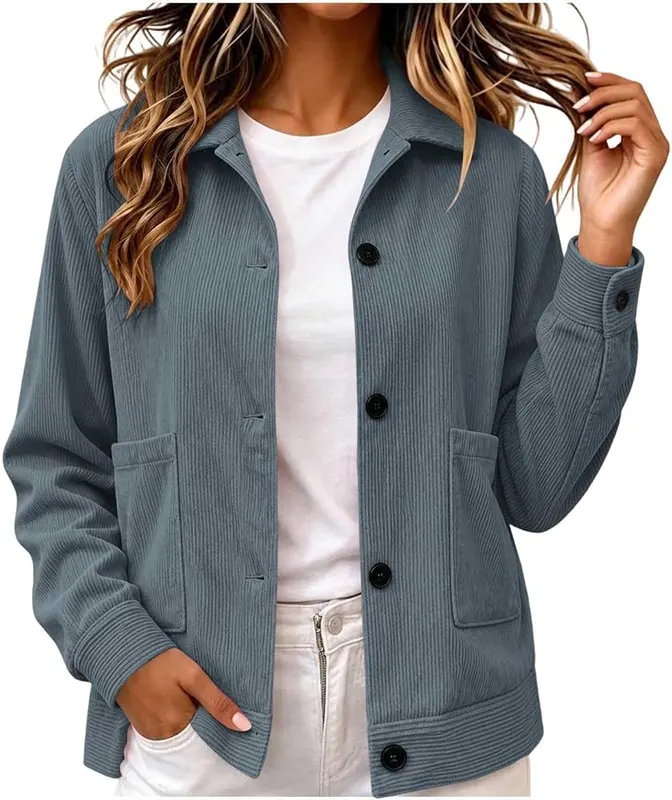 Womens Corduroy Jacket Collared Cropped Button Casual – product photo 2 of 8