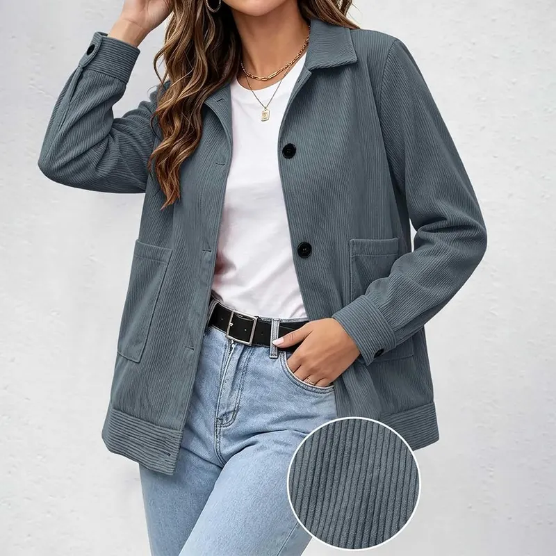 Womens Corduroy Jacket Collared Cropped Button Casual – product photo 5 of 8