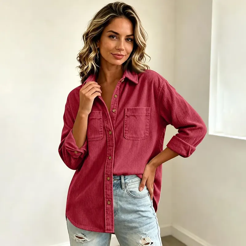 midelxp Womens Corduroy Shirt Button Down Cozy D007-red – product photo 2 of 5