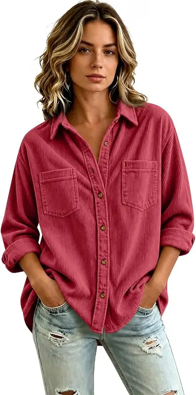 midelxp Womens Corduroy Shirt Button Down Cozy D007-red – product photo 4 of 5