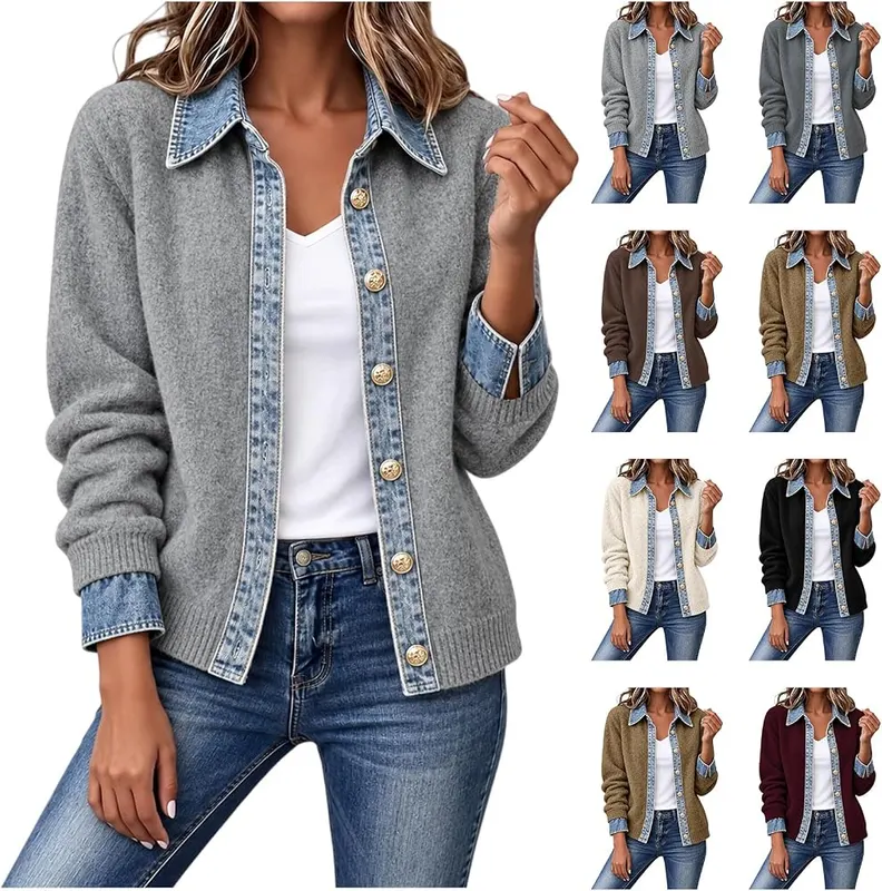 Womens Denim Cardigan Sweaters Trendy Patchwork Knitted