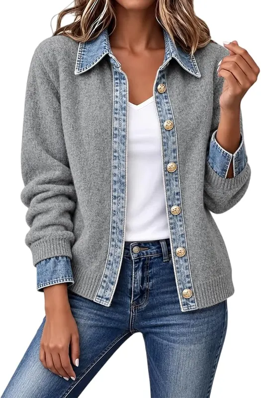 Womens Denim Cardigan Sweaters Trendy Patchwork Knitted – product photo 2 of 6
