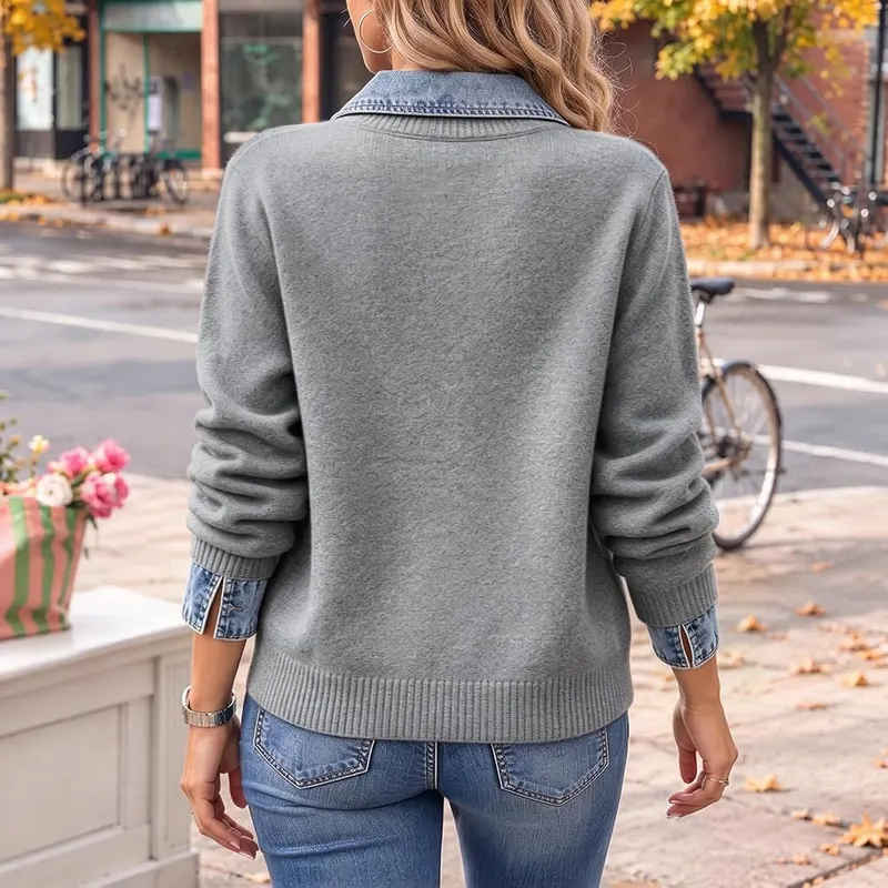 Womens Denim Cardigan Sweaters Trendy Patchwork Knitted – product photo 5 of 6