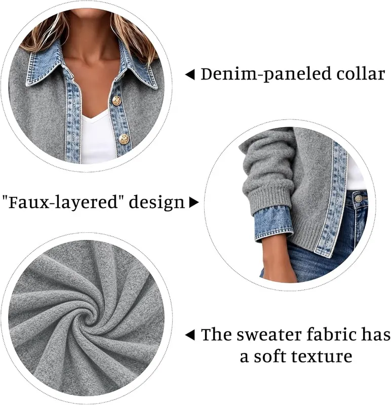 Womens Denim Cardigan Sweaters Trendy Patchwork Knitted – product photo 6 of 6