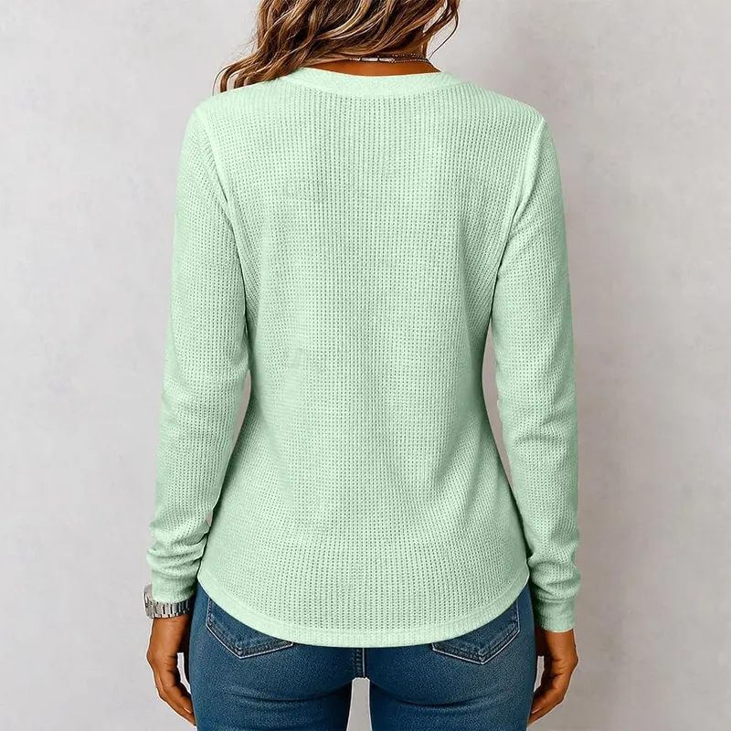 Womens Long Sleeve Shirts Waffle Knit Button – product photo 5 of 7