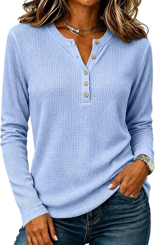 Womens Long Sleeve Shirts Waffle Knit Button