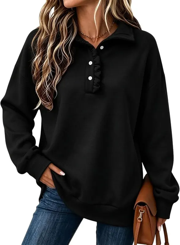 Generic Womens Mock Neck Sweatshirt Oversized Ruffle T002-black Large in T002-black