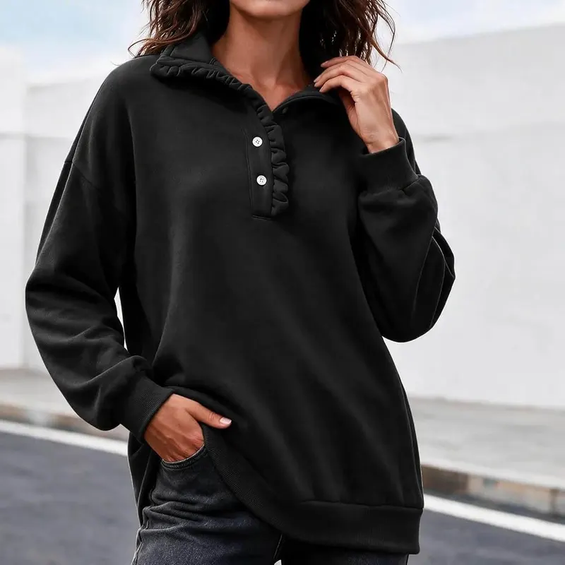 Generic Womens Mock Neck Sweatshirt Oversized Ruffle T002-black Large – product photo 2 of 4