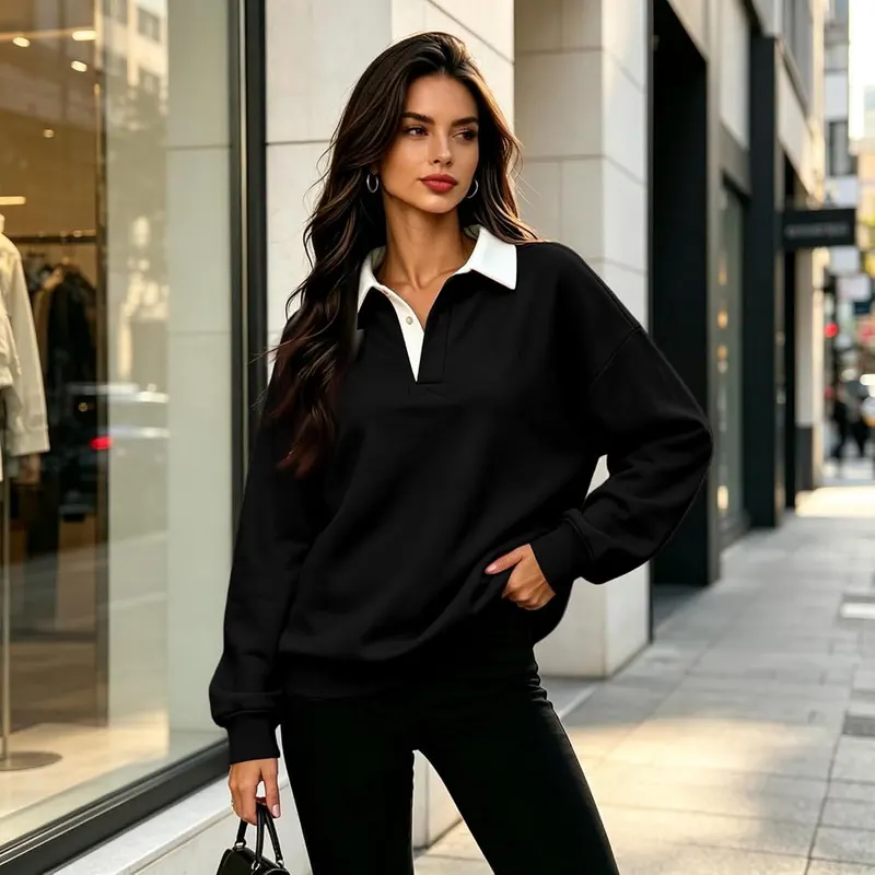 Womens Oversized Sweatshirt Fall Striped Henley Pullover – product photo 3 of 5