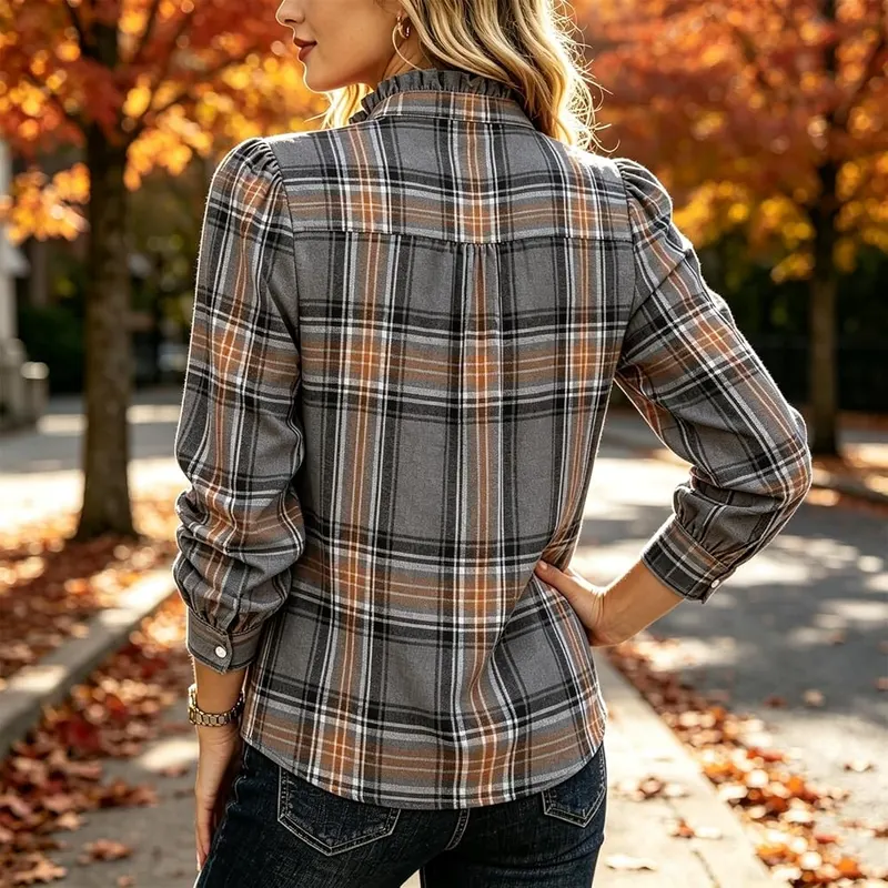 Numaller Womens Plaid Shirt Stand Collar Ruffle 3XL – product photo 3 of 7