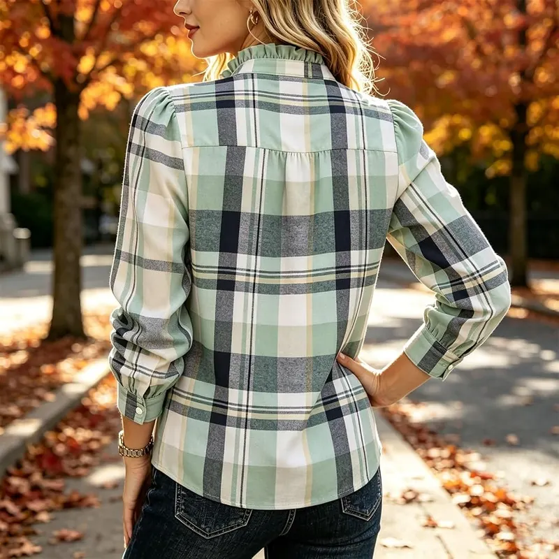 Womens Plaid Shirt Stand Collar Ruffle Button – product photo 3 of 7