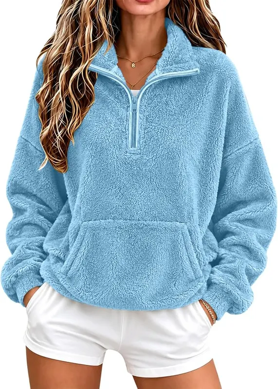 Numaller Womens Quarter Zip Pullover Collared Sherpa Y2K A03 Blue in A03 Blue