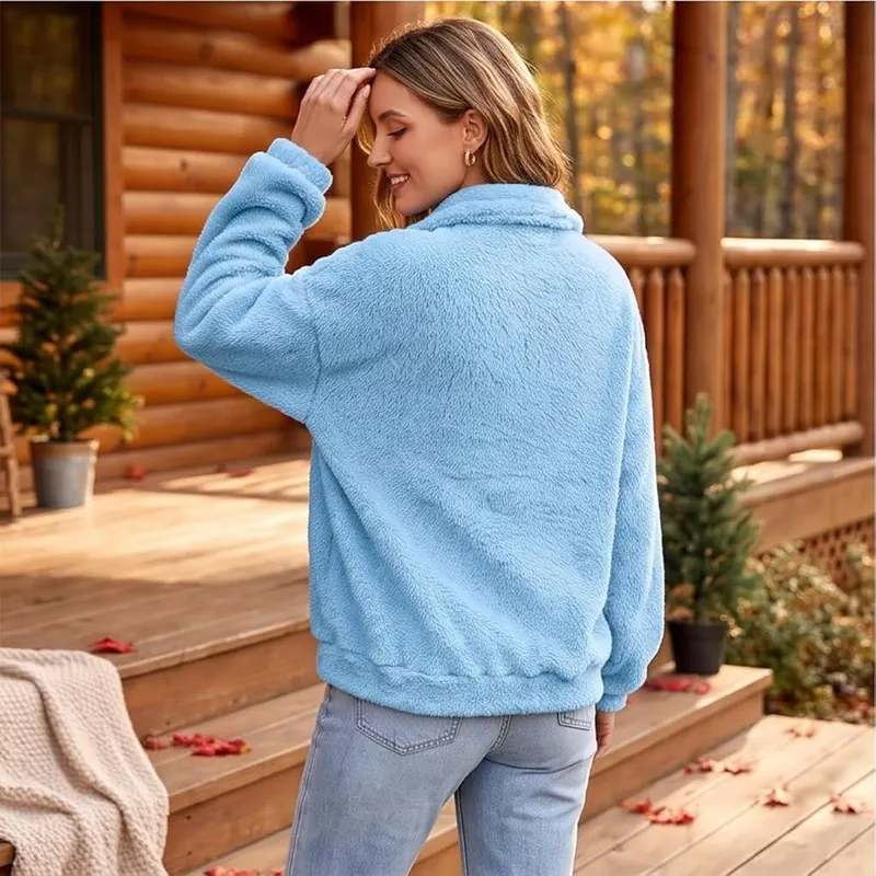 Numaller Womens Quarter Zip Pullover Collared Sherpa Y2K A03 Blue – product photo 7 of 9