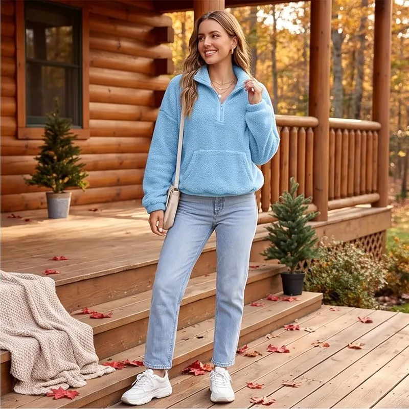 Numaller Womens Quarter Zip Pullover Collared Sherpa 2XL – product photo 6 of 9